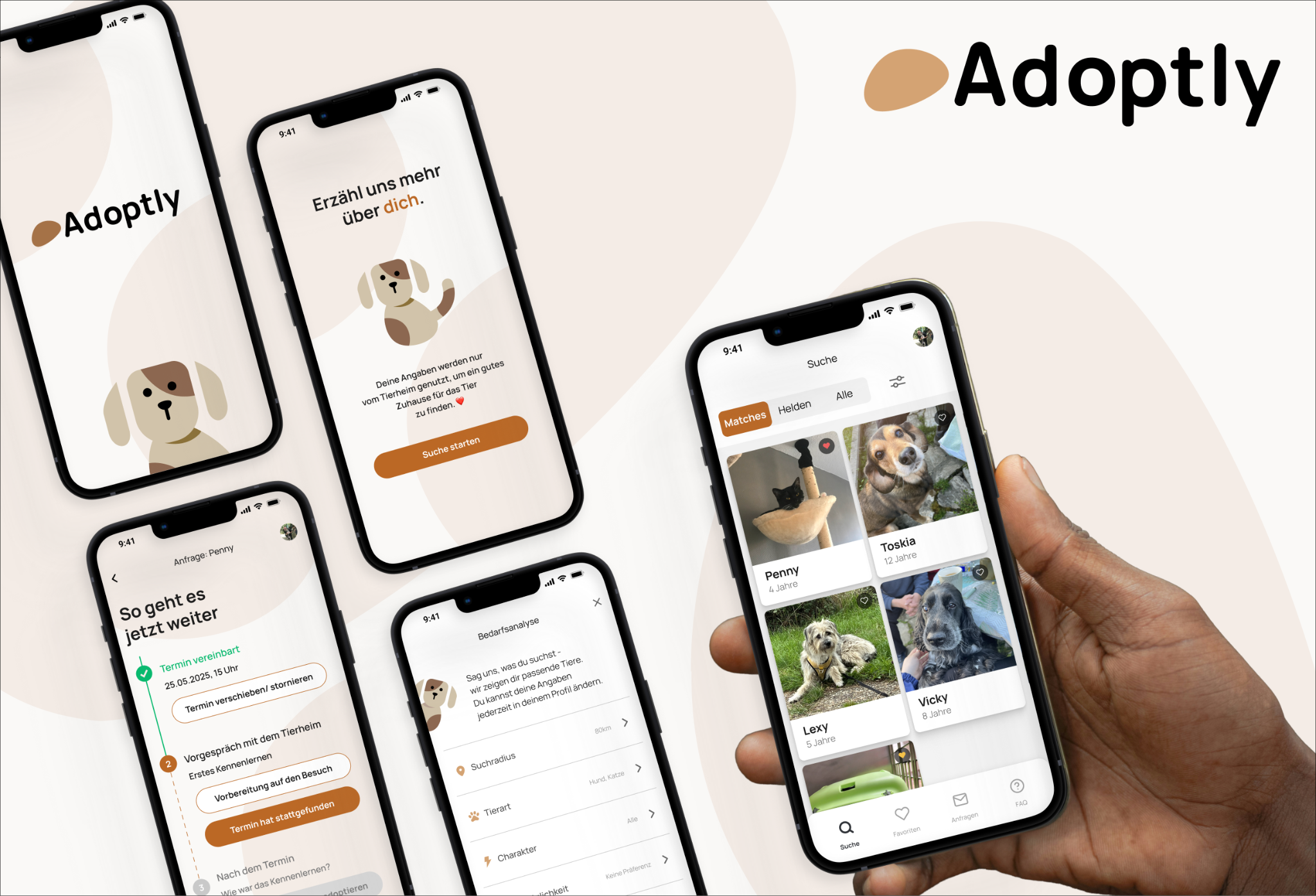 App overview with matching, onboarding and adoption screens