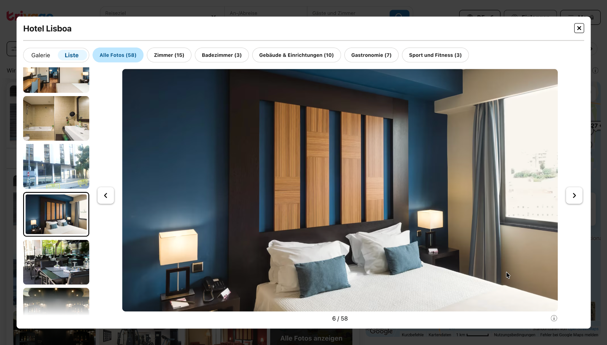 Live trivago gallery overlay displaying a hotel bedroom