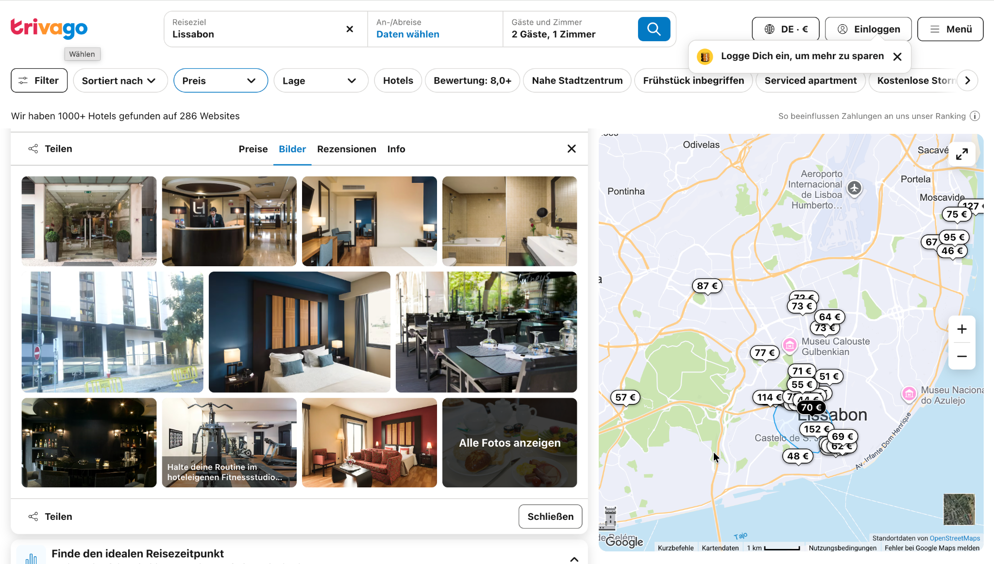 Hotel search with the gallery overview open beside the map