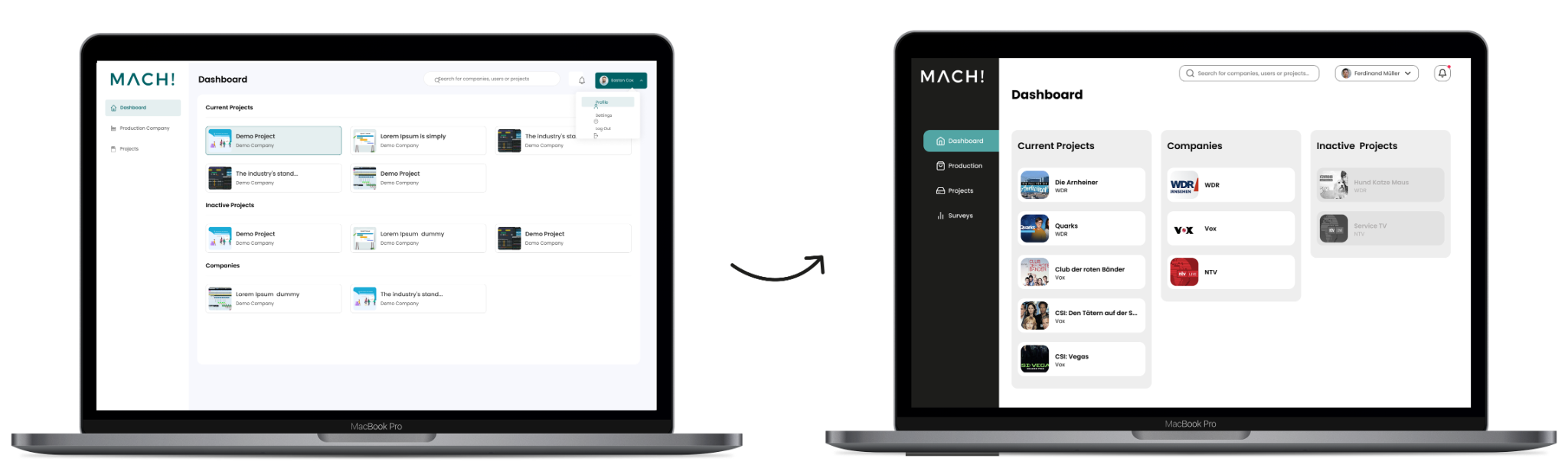 Before and after: the original dashboard on the left and redesigned dashboard on the right