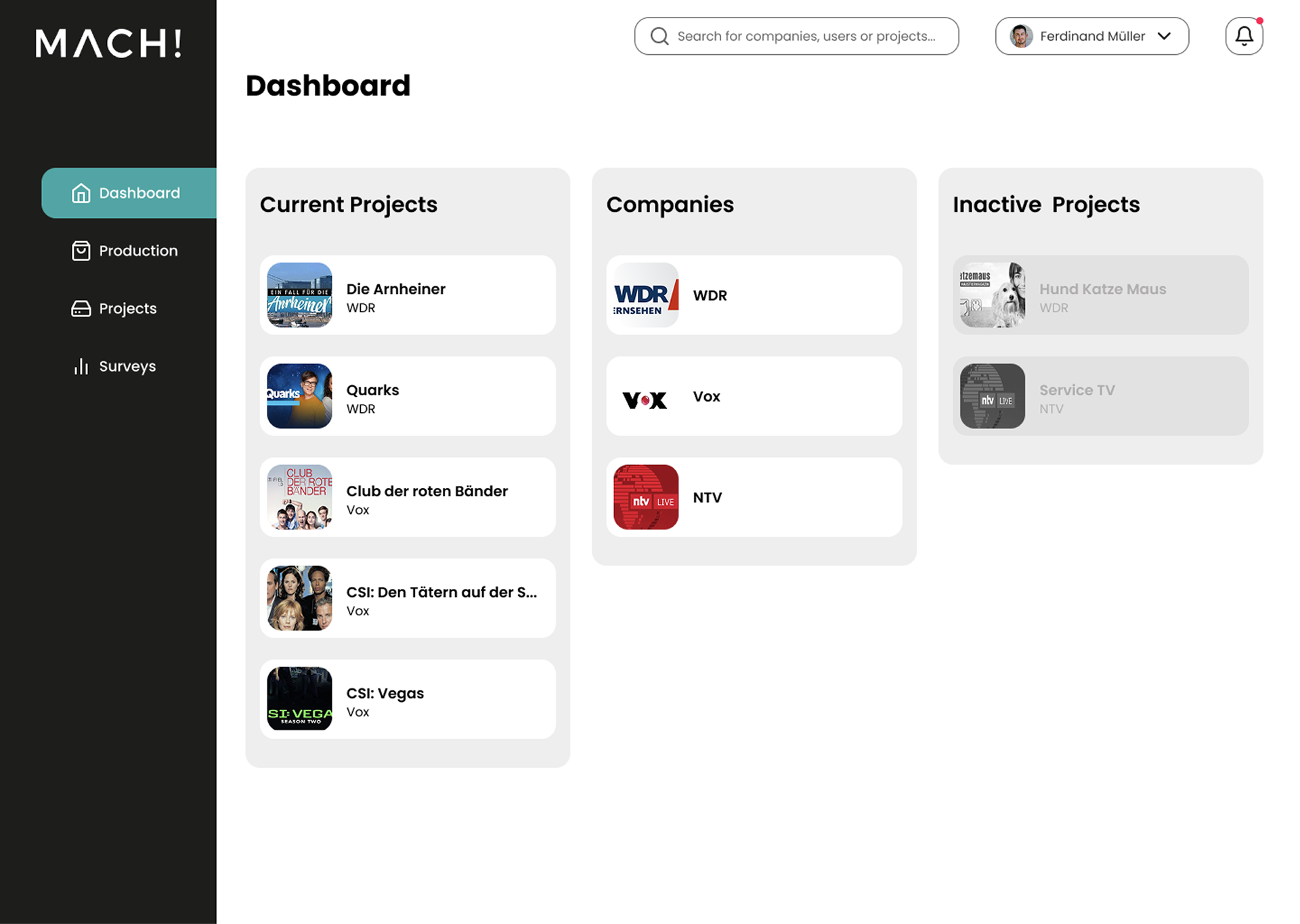 Redesigned MACH dashboard with current projects, companies and inactive projects in distinct columns
