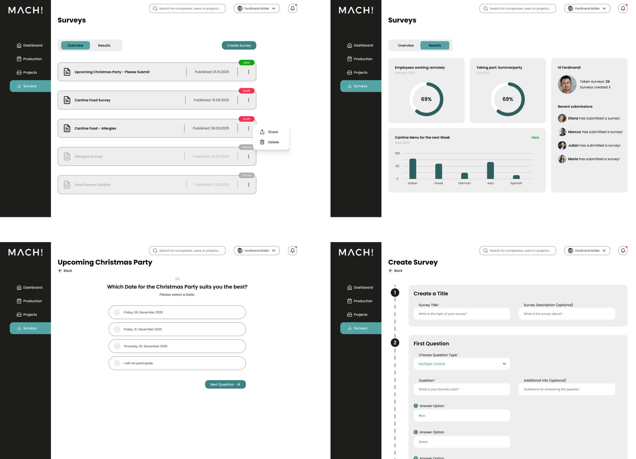 Four MACH survey screens: overview, results, taking part and creating a survey