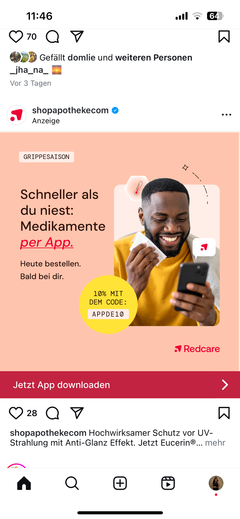The peach Redcare ad shown in an Instagram feed, with app-download call to action