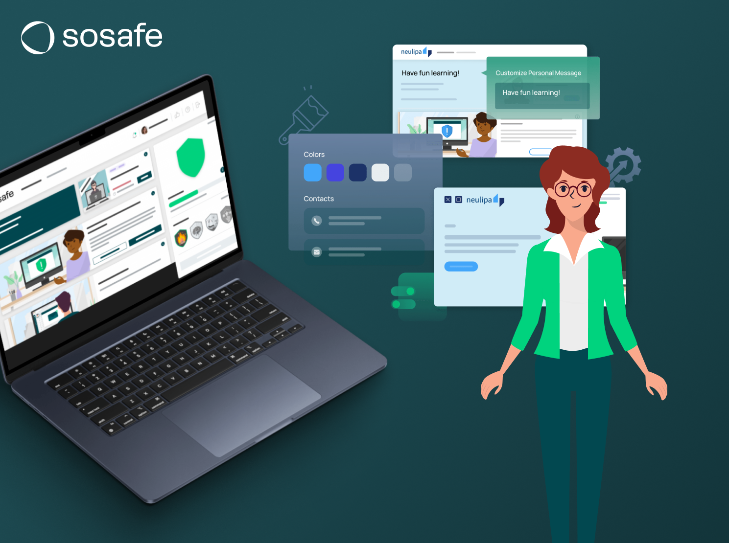 SoSafe e-learning visual with the illustrated character Clara, a laptop and learning-interface examples