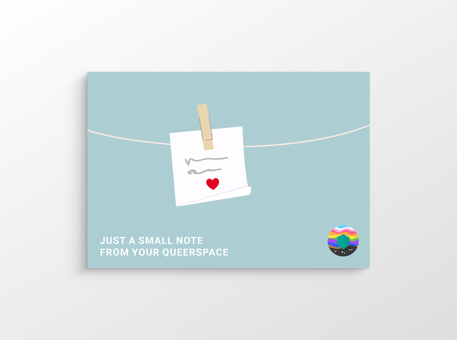 Queer Space employee postcard with a small note and heart on a mint-blue background