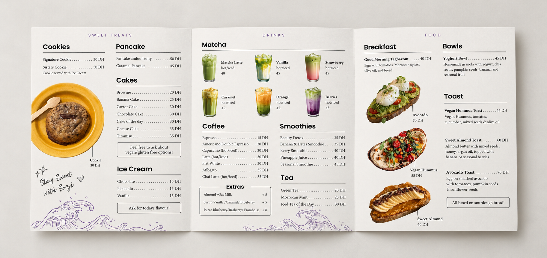Unfolded three-panel menu with sweets on the left, drinks in the centre and food on the right