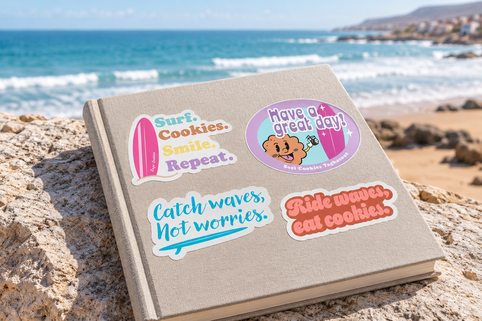 Sozi Cookies stickers on a linen notebook by the sea
