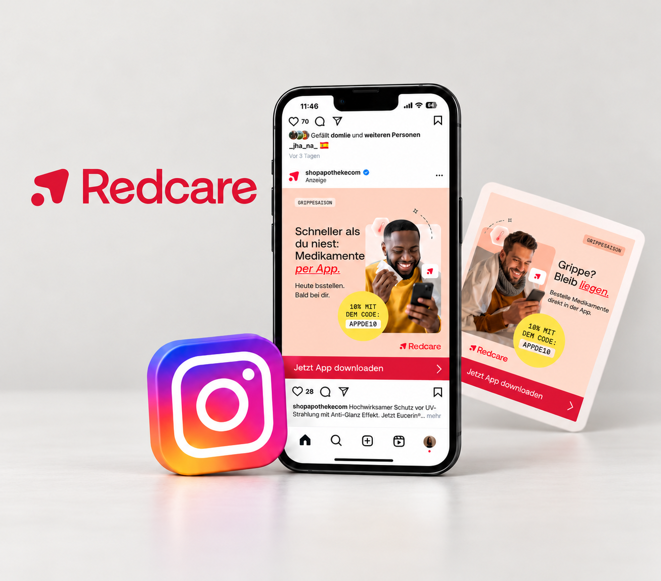 Redcare Instagram campaign shown on a phone, with the Redcare wordmark and Instagram icon