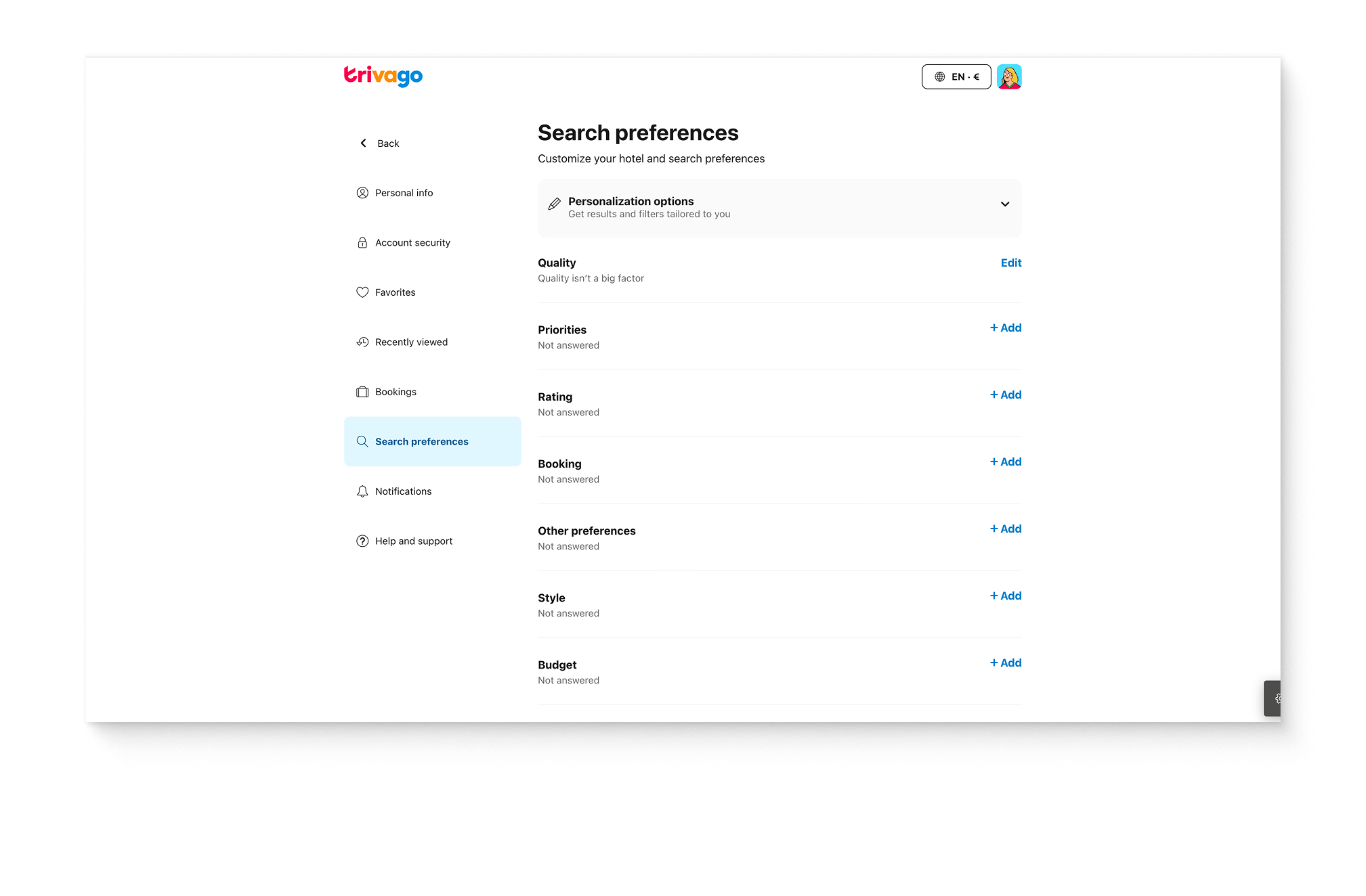 Search preferences before, with questions in one long list