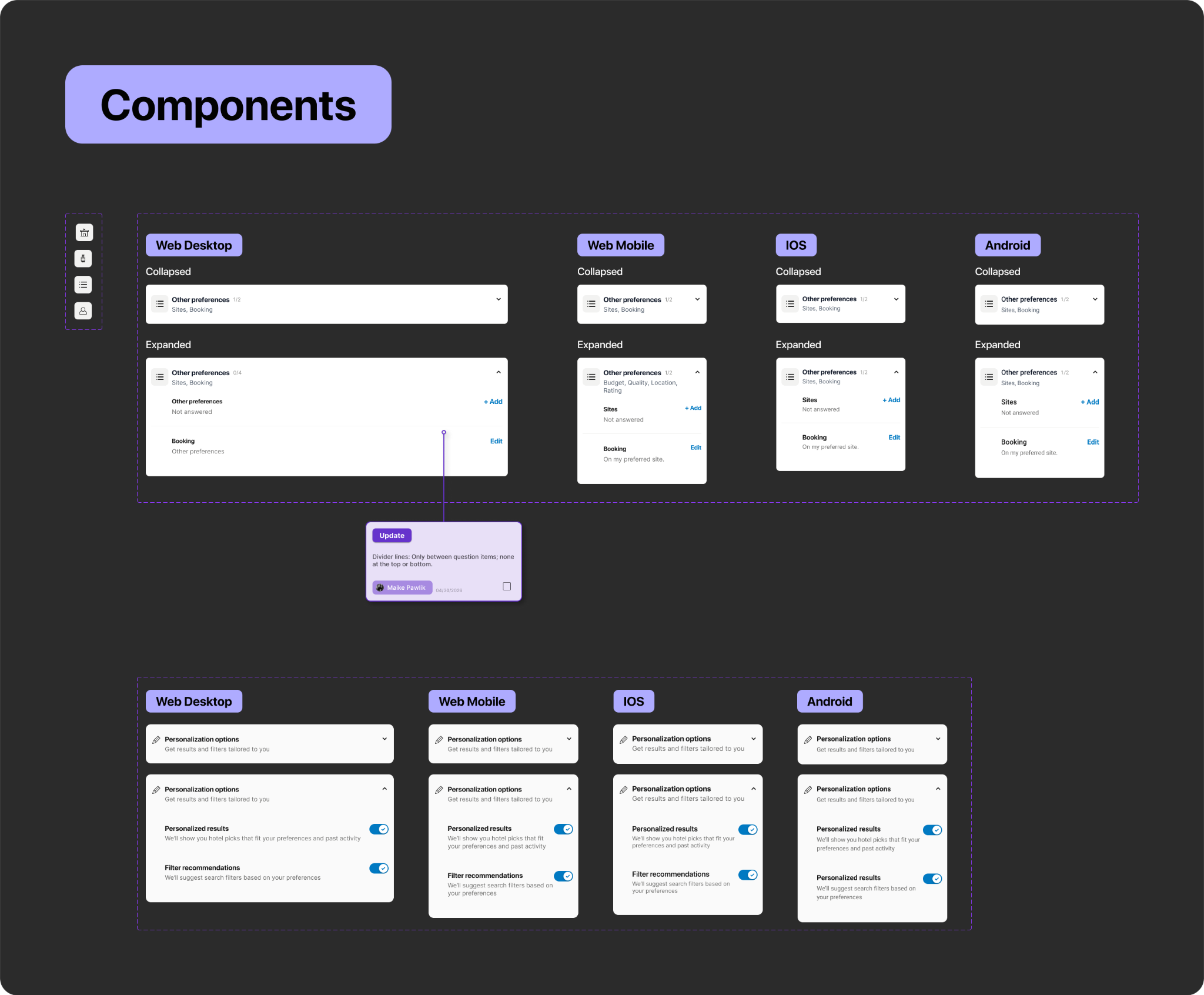 Search preference components, icon-led categories and interaction states