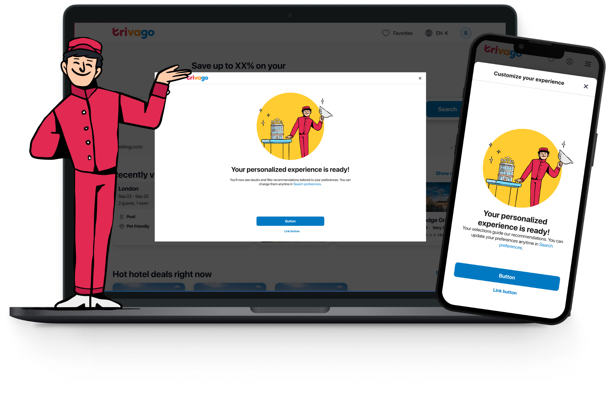 Survey confirmation shown on laptop and mobile with the bellhop illustration